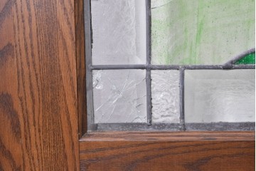 中古　特注品　職人手作り品　タモ材　色彩豊かな植物を描いたステンドグラス入り両開きドア1対(2枚)セット　※ステンド部分に割れあり　(R-090829)