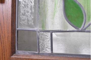 中古　特注品　職人手作り品　タモ材　色彩豊かな植物を描いたステンドグラス入り両開きドア1対(2枚)セット　※ステンド部分に割れあり　(R-090829)