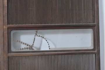 アンティーク建具　昭和初期　裏障子付き　細かな縦格子と横長のガラスが調和した格子戸4枚セット　(R-090841)