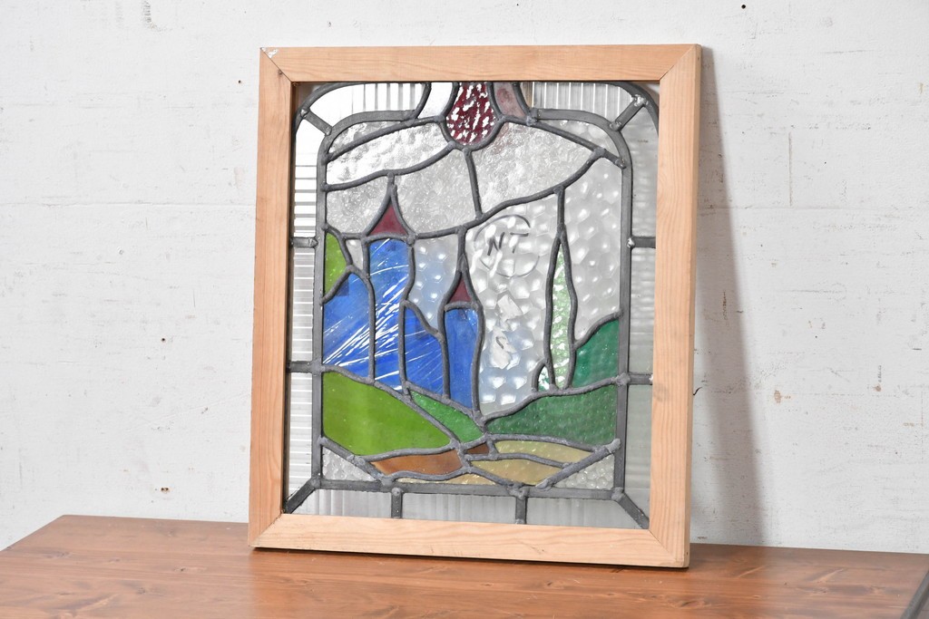 イギリスヴィンテージ建具　1950年頃　鮮やかな色ガラスで風景を描いたステンドグラスパネル1枚　(R-090850)