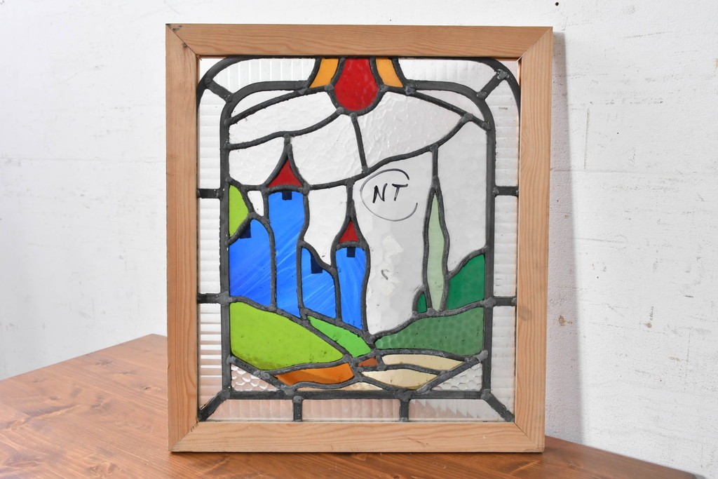 イギリスヴィンテージ建具　1950年頃　鮮やかな色ガラスで風景を描いたステンドグラスパネル1枚　(R-090850)