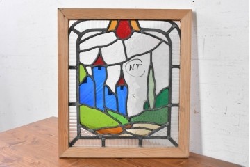 イギリスヴィンテージ建具　1950年頃　鮮やかな色ガラスで風景を描いたステンドグラスパネル1枚　(R-090850)