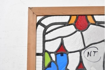 イギリスヴィンテージ建具　1950年頃　鮮やかな色ガラスで風景を描いたステンドグラスパネル1枚　(R-090850)