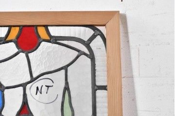 イギリスヴィンテージ建具　1950年頃　鮮やかな色ガラスで風景を描いたステンドグラスパネル1枚　(R-090850)