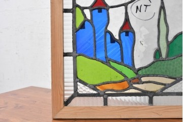 イギリスヴィンテージ建具　1950年頃　鮮やかな色ガラスで風景を描いたステンドグラスパネル1枚　(R-090850)