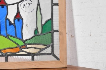 イギリスヴィンテージ建具　1950年頃　鮮やかな色ガラスで風景を描いたステンドグラスパネル1枚　(R-090850)