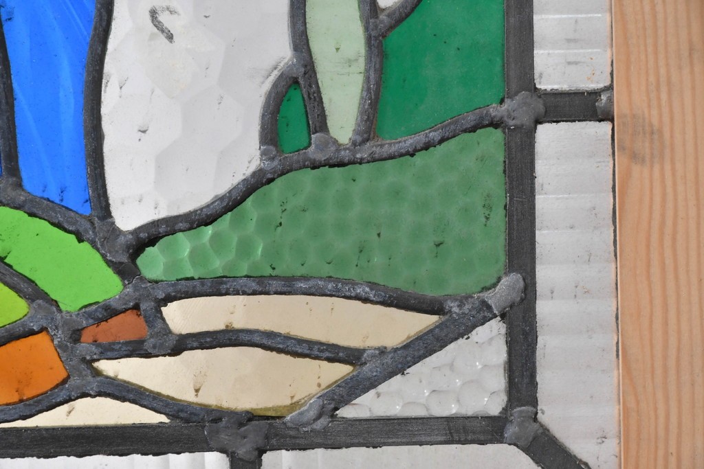 イギリスヴィンテージ建具　1950年頃　鮮やかな色ガラスで風景を描いたステンドグラスパネル1枚　(R-090850)