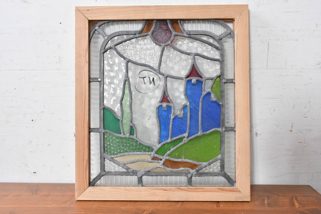 イギリスヴィンテージ建具　1950年頃　鮮やかな色ガラスで風景を描いたステンドグラスパネル1枚　(R-090850)