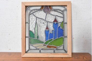 イギリスヴィンテージ建具　1950年頃　鮮やかな色ガラスで風景を描いたステンドグラスパネル1枚　(R-090850)