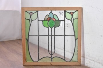 イギリスアンティーク建具　1940年頃　植物を思わせる曲線意匠が軽やかなステンドグラスパネル2枚セット　(R-090852)