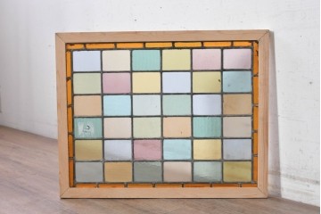 イギリスアンティーク建具　1940年頃　色とりどりのガラスを格子状に配したステンドグラスパネル1枚　(R-090853)