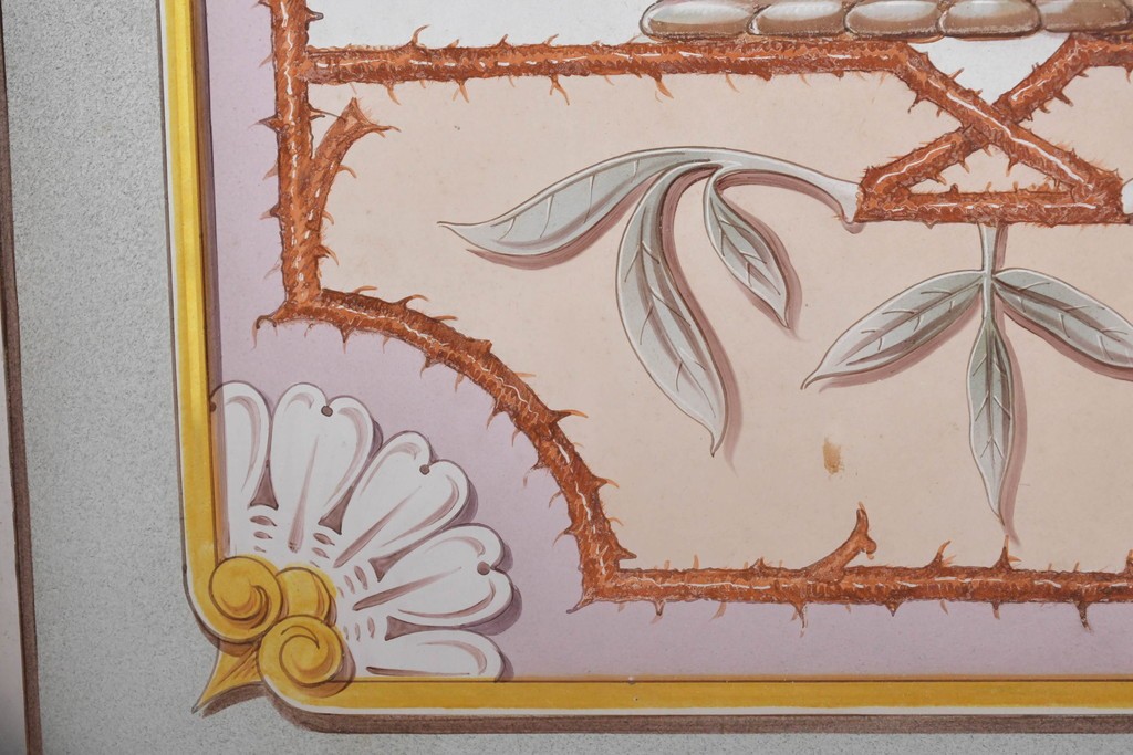 イギリスヴィンテージ建具　1950年から1960年頃　果物を描いたクラシカルな意匠のアクリルアートパネル1枚　(R-090854)