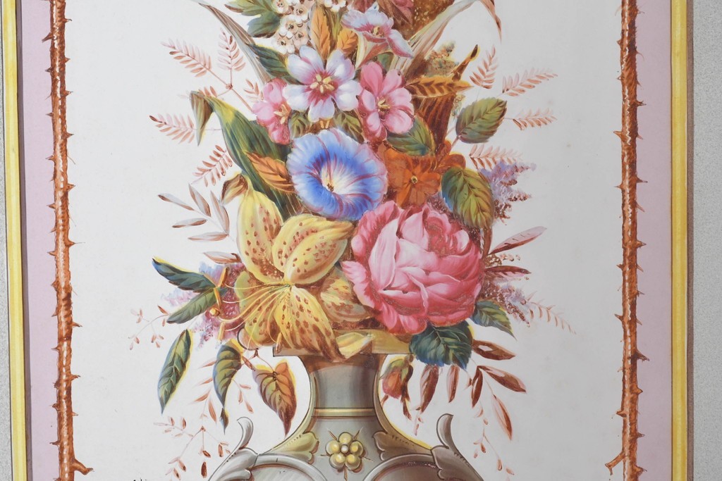 イギリスヴィンテージ建具　1950年から1960年頃　淡い色彩で花々を描いた優美なアクリルアートパネル1枚　(R-090855)