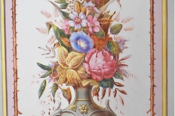 イギリスヴィンテージ建具　1950年から1960年頃　淡い色彩で花々を描いた優美なアクリルアートパネル1枚　(R-090855)