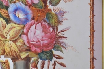 イギリスヴィンテージ建具　1950年から1960年頃　淡い色彩で花々を描いた優美なアクリルアートパネル1枚　(R-090855)
