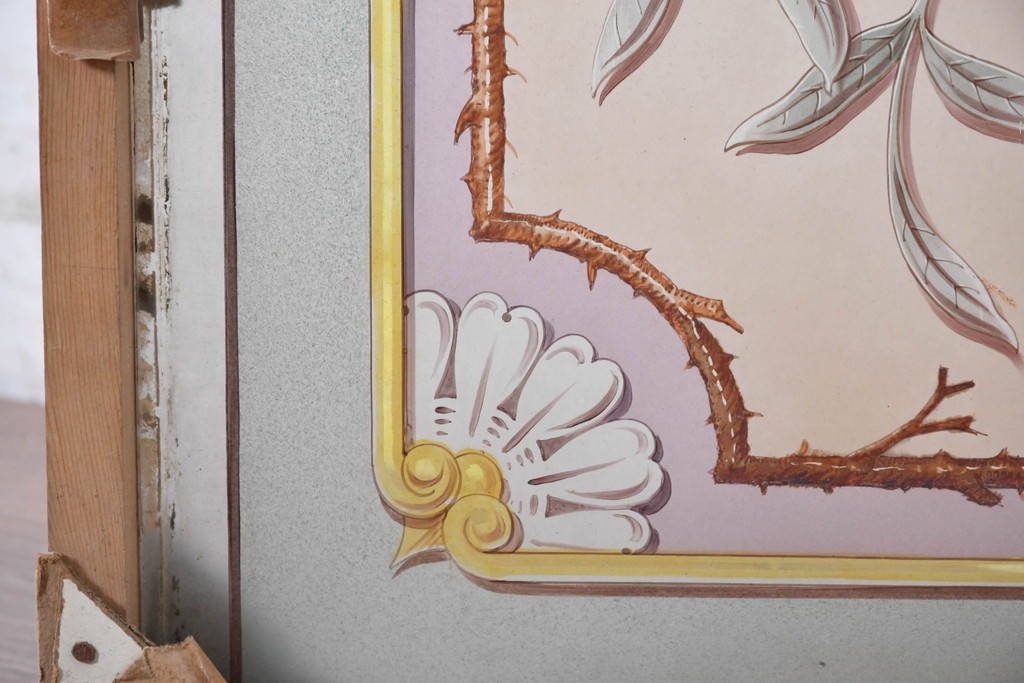 イギリスヴィンテージ建具　1950年から1960年頃　淡い色彩で花々を描いた優美なアクリルアートパネル1枚　(R-090855)