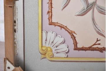 イギリスヴィンテージ建具　1950年から1960年頃　淡い色彩で花々を描いた優美なアクリルアートパネル1枚　(R-090855)