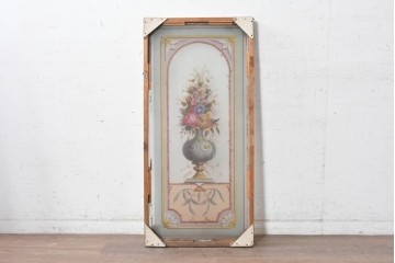 イギリスヴィンテージ建具　1950年から1960年頃　淡い色彩で花々を描いた優美なアクリルアートパネル1枚　(R-090855)
