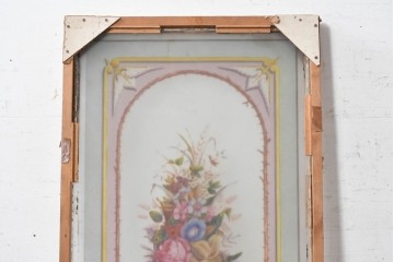 イギリスヴィンテージ建具　1950年から1960年頃　淡い色彩で花々を描いた優美なアクリルアートパネル1枚　(R-090855)