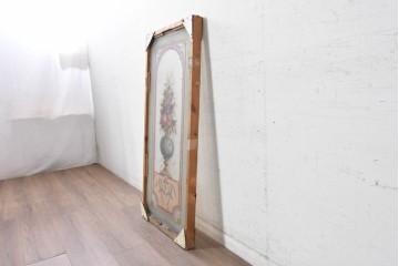 イギリスヴィンテージ建具　1950年から1960年頃　淡い色彩で花々を描いた優美なアクリルアートパネル1枚　(R-090855)
