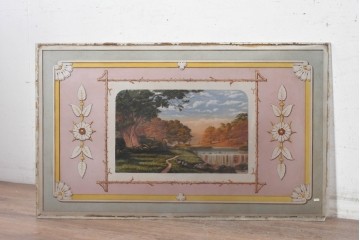 イギリスヴィンテージ建具　1950年から1960年頃　牧歌的な風景画と装飾が美しいアクリルアートパネル1枚　(R-090856)