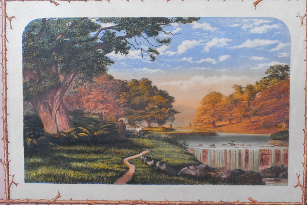 イギリスヴィンテージ建具　1950年から1960年頃　牧歌的な風景画と装飾が美しいアクリルアートパネル1枚　(R-090856)