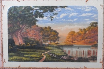イギリスヴィンテージ建具　1950年から1960年頃　牧歌的な風景画と装飾が美しいアクリルアートパネル1枚　(R-090856)