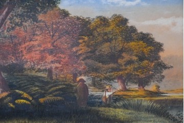 イギリスヴィンテージ建具　1950年から1960年頃　牧歌的な風景画と装飾が美しいアクリルアートパネル1枚　(R-090856)
