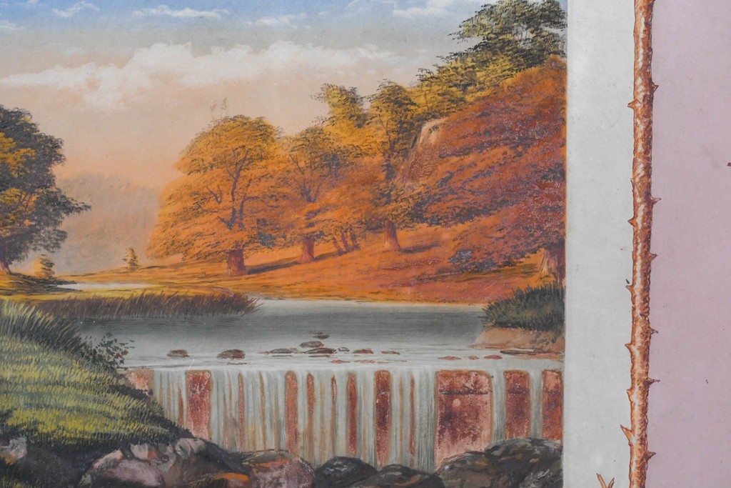 イギリスヴィンテージ建具　1950年から1960年頃　牧歌的な風景画と装飾が美しいアクリルアートパネル1枚　(R-090856)