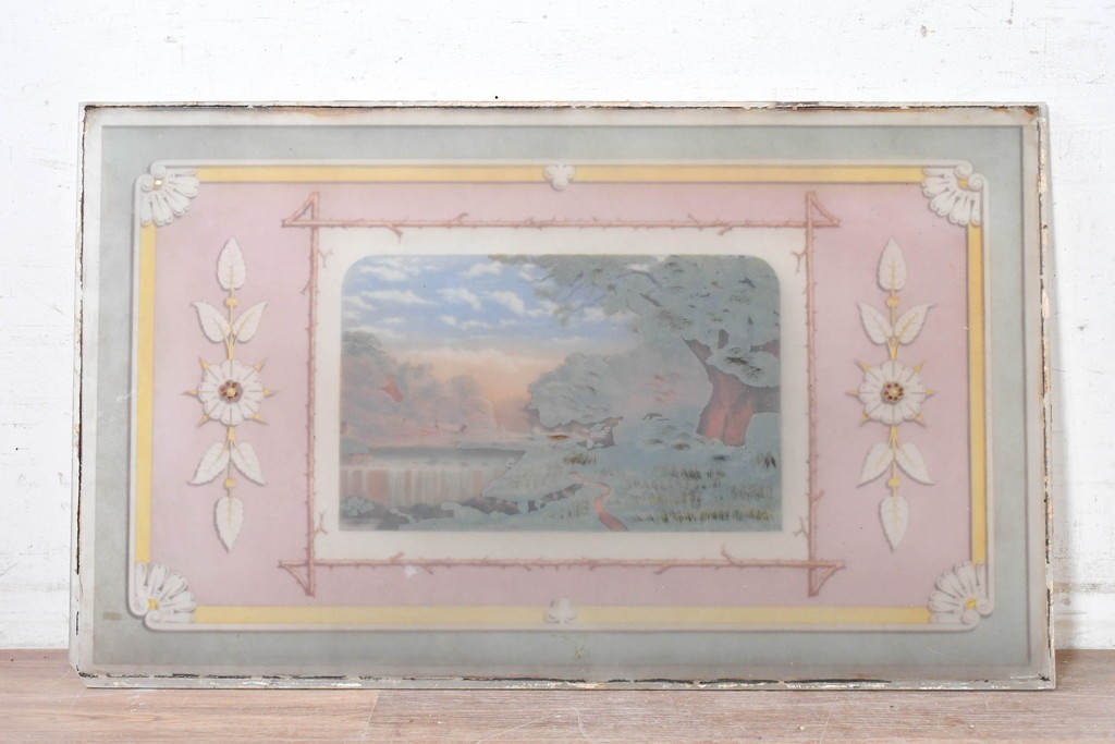 イギリスヴィンテージ建具　1950年から1960年頃　牧歌的な風景画と装飾が美しいアクリルアートパネル1枚　(R-090856)