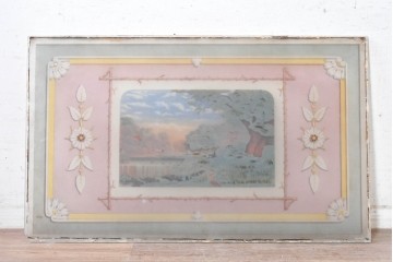 イギリスヴィンテージ建具　1950年から1960年頃　牧歌的な風景画と装飾が美しいアクリルアートパネル1枚　(R-090856)
