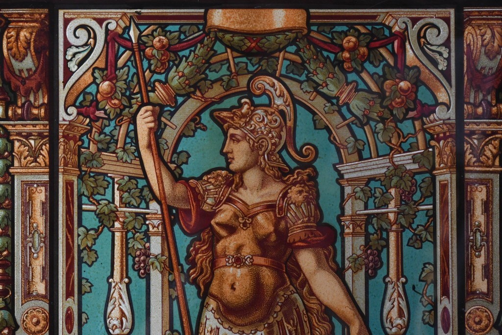 イギリスアンティーク　1920年から1930年頃　人物像と草花文様が彩る荘厳なガラスアートパネル1枚　(R-090857)