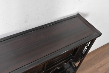 和製ヴィンテージ　美品　縞黒檀　松竹梅や山水図の彫刻が美しい六尺茶棚　(R-090861)