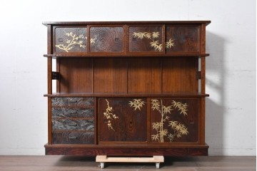 和製ヴィンテージ　美品　最高級　指物工芸家具　タモ材　杉材　蒔絵が華やかな漆塗りの茶棚　定価推定約150万円以上　(R-090862)