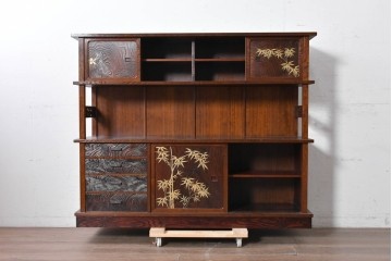 和製ヴィンテージ　美品　最高級　指物工芸家具　タモ材　杉材　蒔絵が華やかな漆塗りの茶棚　定価推定約150万円以上　(R-090862)