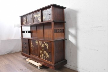 和製ヴィンテージ　美品　最高級　指物工芸家具　タモ材　杉材　蒔絵が華やかな漆塗りの茶棚　定価推定約150万円以上　(R-090862)