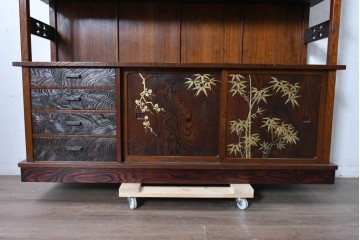 和製ヴィンテージ　美品　最高級　指物工芸家具　タモ材　杉材　蒔絵が華やかな漆塗りの茶棚　定価推定約150万円以上　(R-090862)