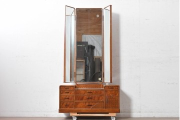 中古　美品　江戸指物の逸品!　欅(ケヤキ)材　豊かな木目と網代編みを楽しめる三面鏡台　定価約100万円　(R-090865)