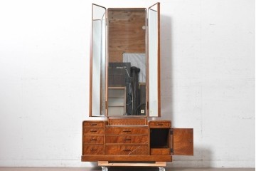 中古　美品　江戸指物の逸品!　欅(ケヤキ)材　豊かな木目と網代編みを楽しめる三面鏡台　定価約100万円　(R-090865)