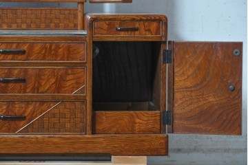中古　美品　江戸指物の逸品!　欅(ケヤキ)材　豊かな木目と網代編みを楽しめる三面鏡台　定価約100万円　(R-090865)