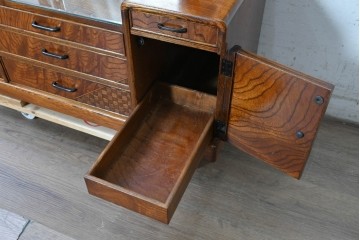 中古　美品　江戸指物の逸品!　欅(ケヤキ)材　豊かな木目と網代編みを楽しめる三面鏡台　定価約100万円　(R-090865)