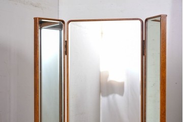 中古　美品　江戸指物の逸品!　欅(ケヤキ)材　豊かな木目と網代編みを楽しめる三面鏡台　定価約100万円　(R-090865)