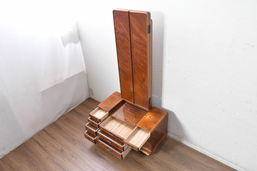 中古　美品　江戸指物の逸品!　欅(ケヤキ)材　豊かな木目と網代編みを楽しめる三面鏡台　定価約100万円　(R-090865)