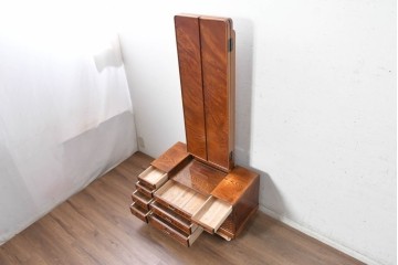 中古　美品　江戸指物の逸品!　欅(ケヤキ)材　豊かな木目と網代編みを楽しめる三面鏡台　定価約100万円　(R-090865)