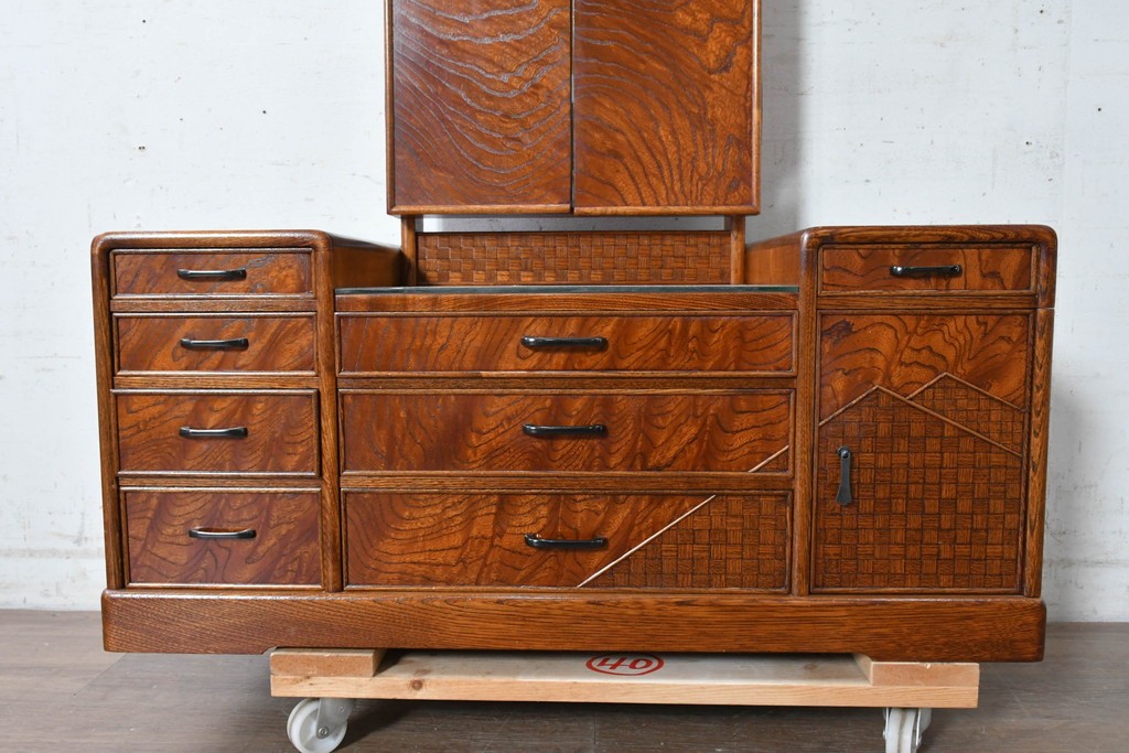 中古　美品　江戸指物の逸品!　欅(ケヤキ)材　豊かな木目と網代編みを楽しめる三面鏡台　定価約100万円　(R-090865)