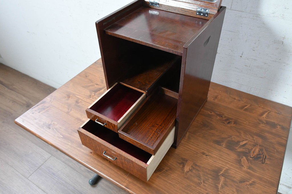 中古　美品　江戸指物の逸品!　タモ材　漆塗り　網代編みと美しい木目を楽しめるコンパクトな鏡台　定価約40万円　(R-090878)
