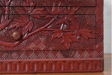 和製ヴィンテージ　日光彫りの逸品!　朱塗り　牡丹彫刻に目を奪われる芸術品のようなジュエリーボックス　(R-090879)
