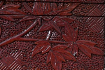 和製ヴィンテージ　日光彫りの逸品!　朱塗り　牡丹彫刻に目を奪われる芸術品のようなジュエリーボックス　(R-090879)