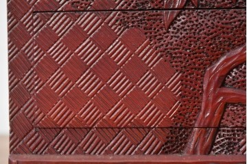 和製ヴィンテージ　日光彫りの逸品!　朱塗り　牡丹彫刻に目を奪われる芸術品のようなジュエリーボックス　(R-090879)