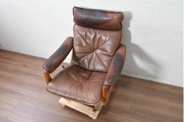 【簡易リペア限定品】　北欧ヴィンテージ　ノルウェー　LIED MOBLER(リードボブラー)　ハイバックと回転式の脚部を備えたリクライニングチェア　※革にダメージ有り　(R-090888)